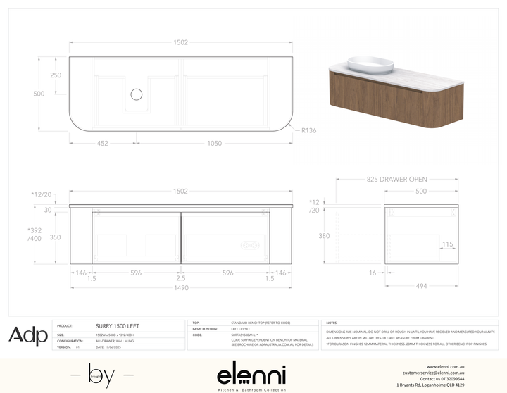 Surry 1500, Benchtop, Left Offset Bowl, Elenni specification drawing