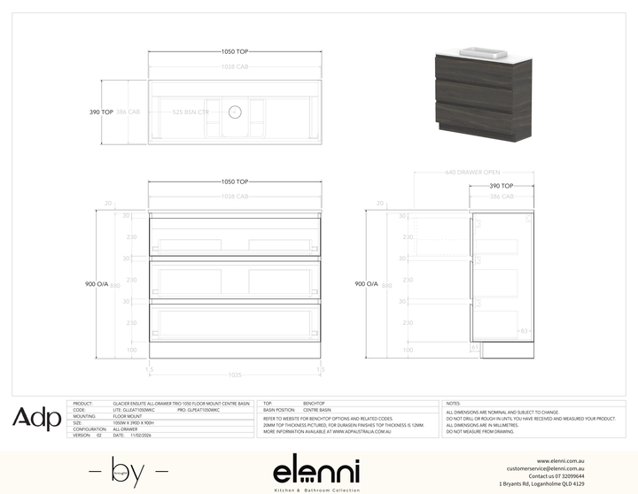 Glacier Ensuite, All-Drawer 1050 Trio FM, Benchtop Centre Bowl - Elenni specification drawing