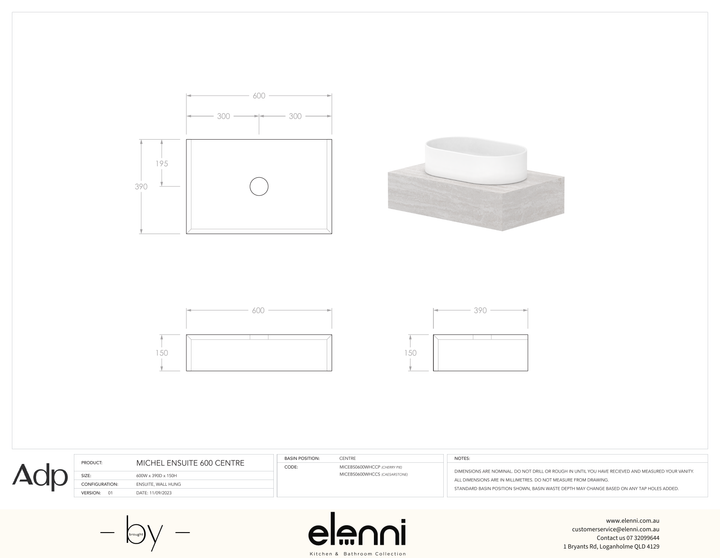 Michel Ensuite 600 Centre, Elenni specification drawing