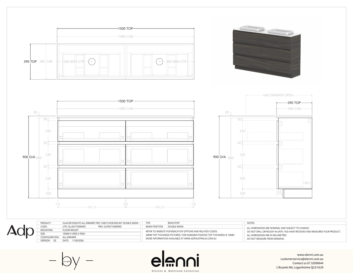 Glacier Ensuite, All-Drawer 1500 Trio FM, Benchtop Double Bowl - Elenni specification drawing