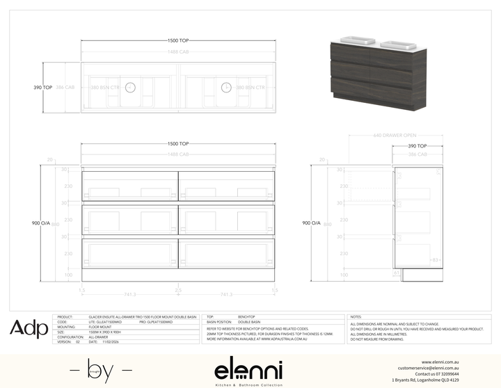 Glacier Ensuite, All-Drawer 1500 Trio FM, Benchtop Double Bowl - Elenni specification drawing