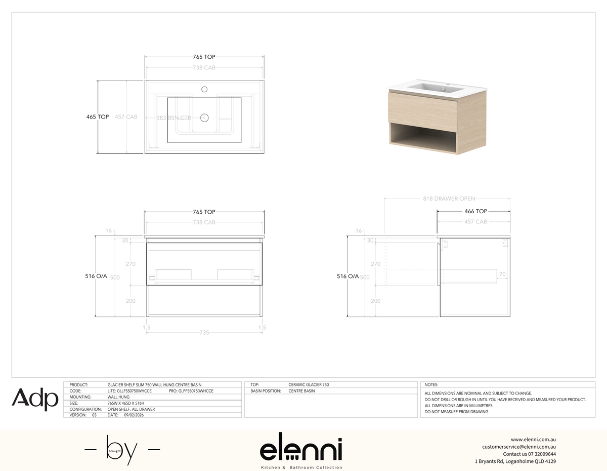 Glacier FD, Shelf, 750 Slim WH, Ceramic Centre Bowl - Elenni specification drawing
