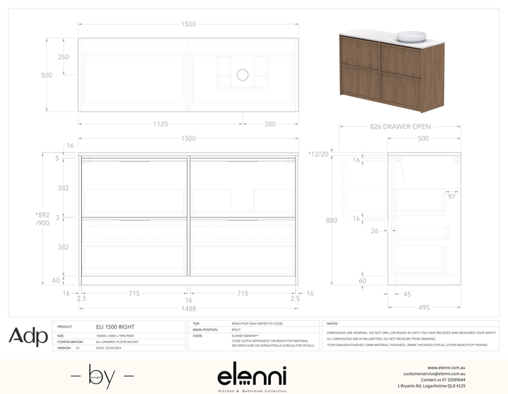 Eli 1500 Floor Mount Right Offset, Elenni specification drawing
