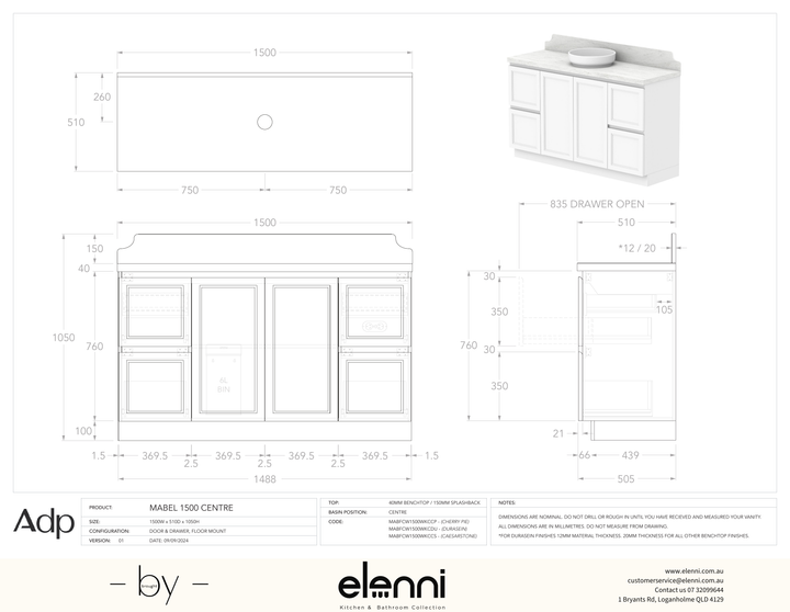 Mabel 1500 Floor Mount Centre, Elenni specification drawing