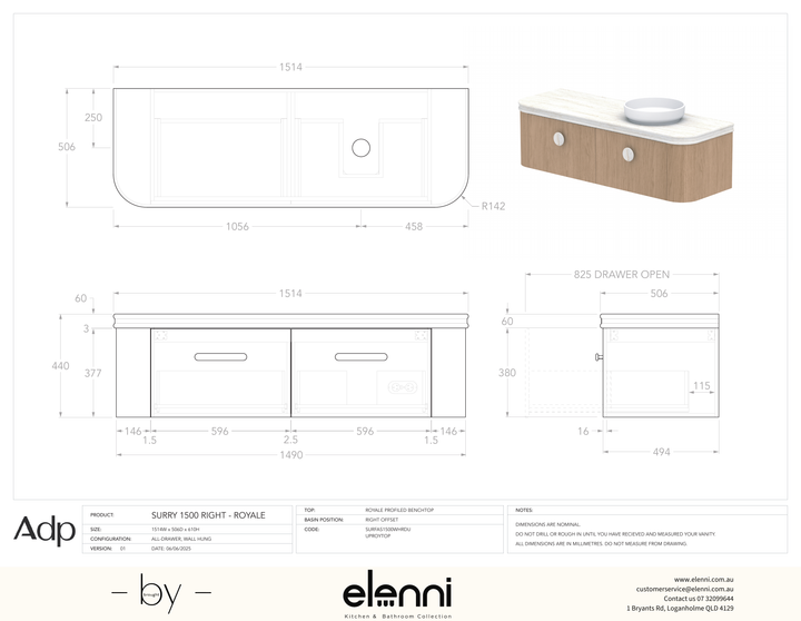 Surry 1500, Royale, Right Offset Bowl, Elenni specification drawing