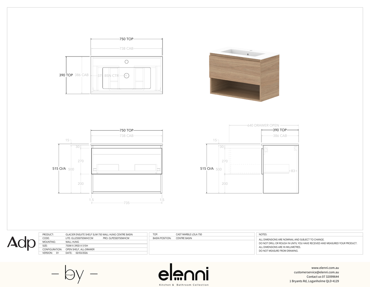 Glacier Ensuite, Shelf 750 Slim WH, Cast Marble Centre Bowl - Elenni specification drawing