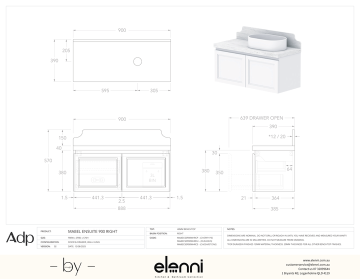Mabel Ensuite 900 Wall Hung Right Offset, Elenni specification drawing