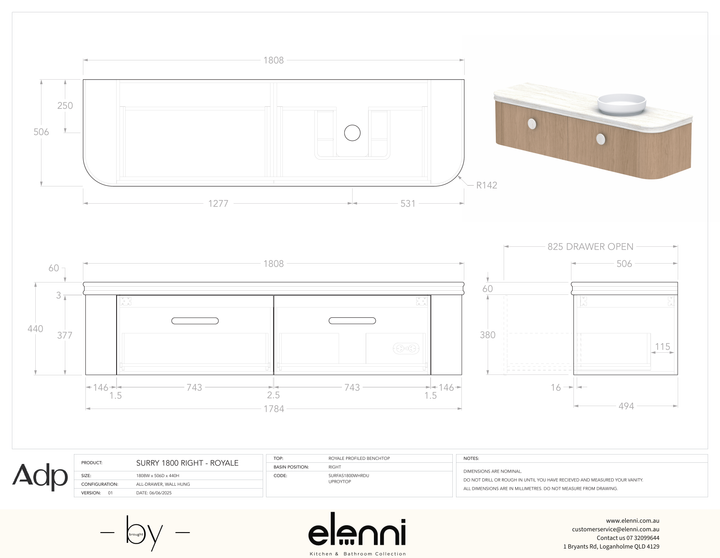 Surry 1800, Royale, Right Offset Bowl, Elenni specification drawing