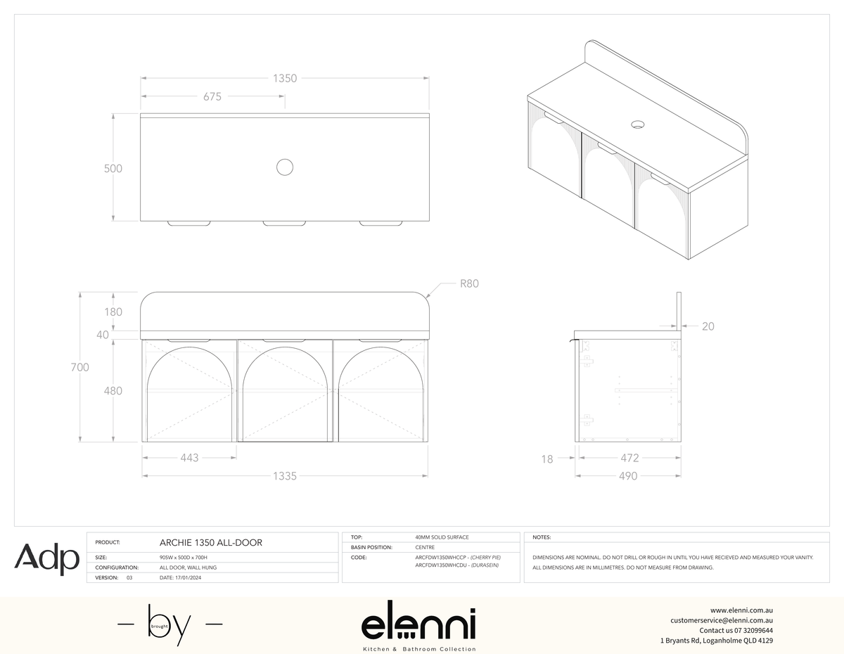 Archie 1350 All-Door Centre, Elenni specification drawing