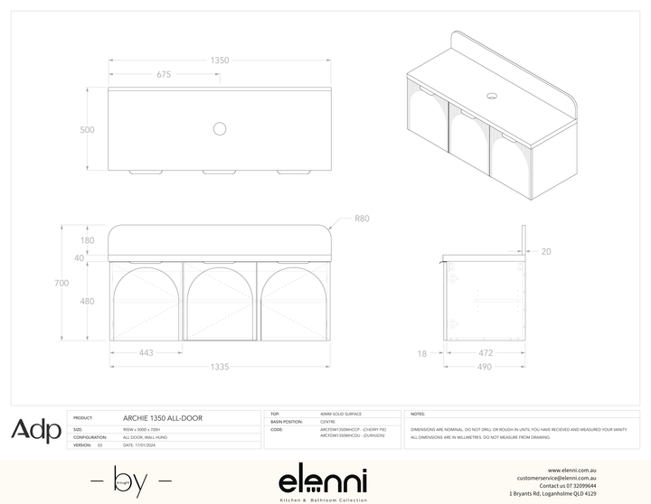 Archie 1350 All-Door Centre, Elenni specification drawing