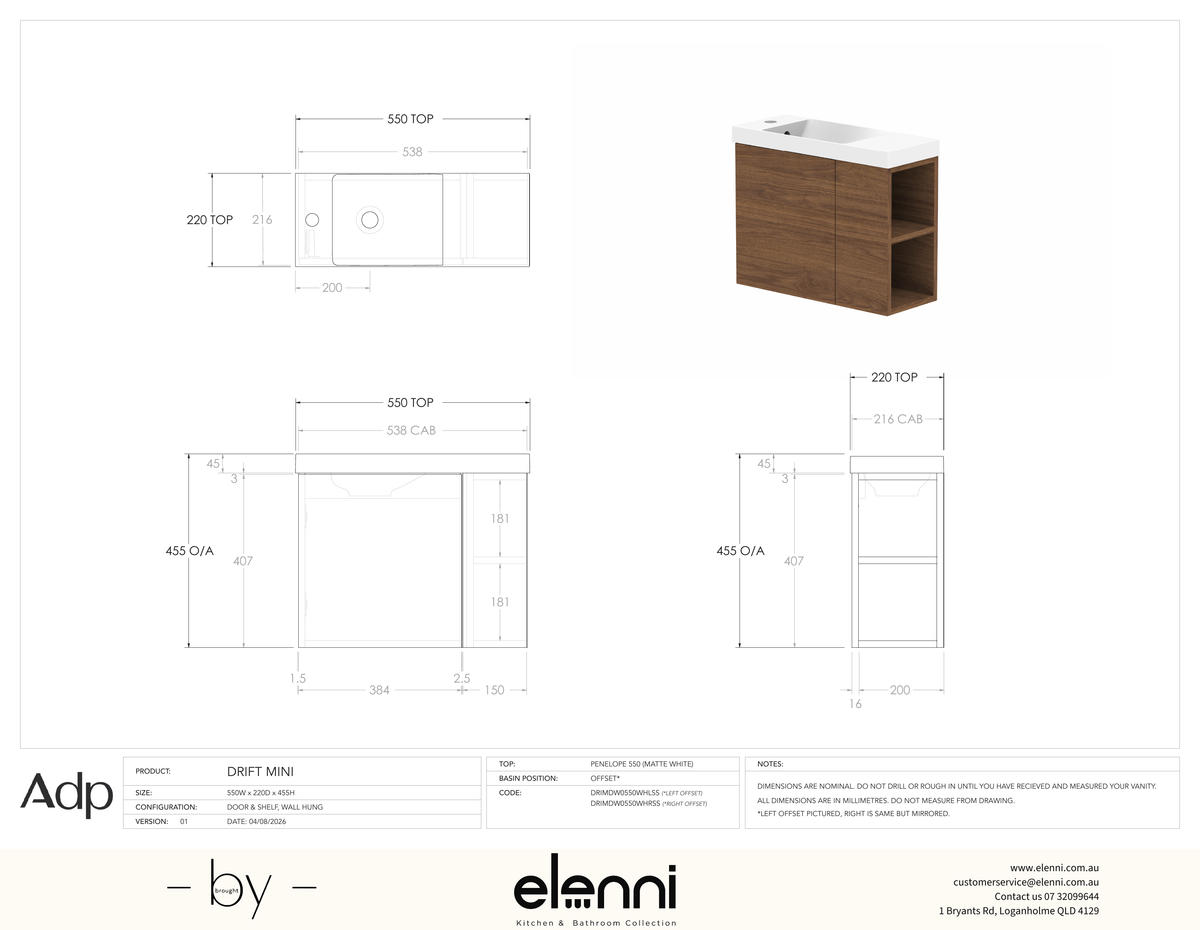 Drift Mini 550 Wall Hung - Elenni specification drawing