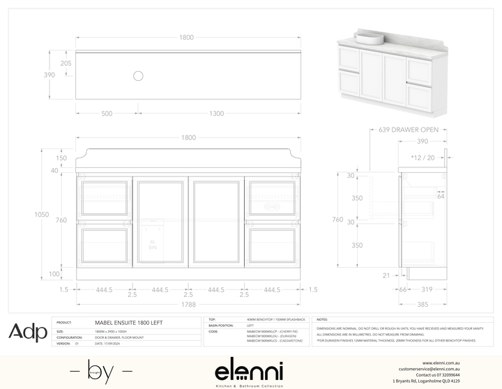 Mabel Ensuite 1800 Floor Mount Left Offset, Elenni specification drawing