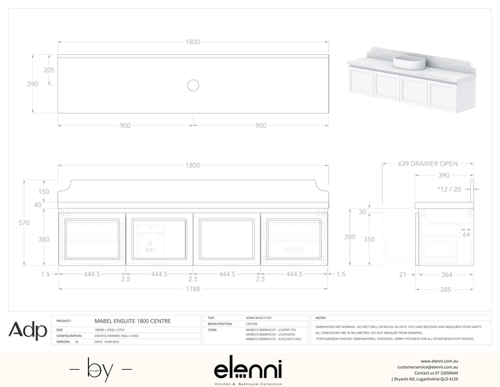 Mabel Ensuite 1800 Wall Hung Centre, Elenni specification drawing