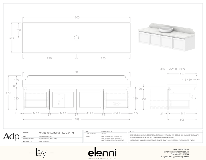 Mabel 1800 Wall Hung Centre, Elenni specification drawing