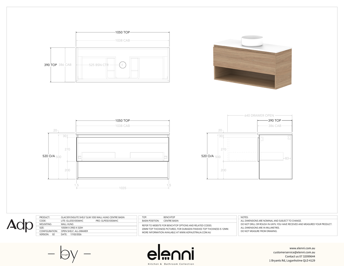Glacier Ensuite, Shelf 1050 Slim WH, Benchtop Centre Bowl - Elenni specification drawing