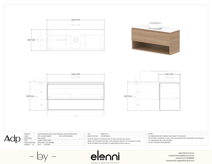 Glacier Ensuite, Shelf 1050 Slim WH, Benchtop Centre Bowl - Elenni specification drawing