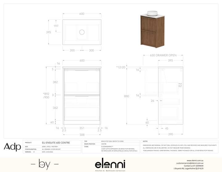 Eli Ensuite 600 Floor Mount Centre, Elenni specification drawing