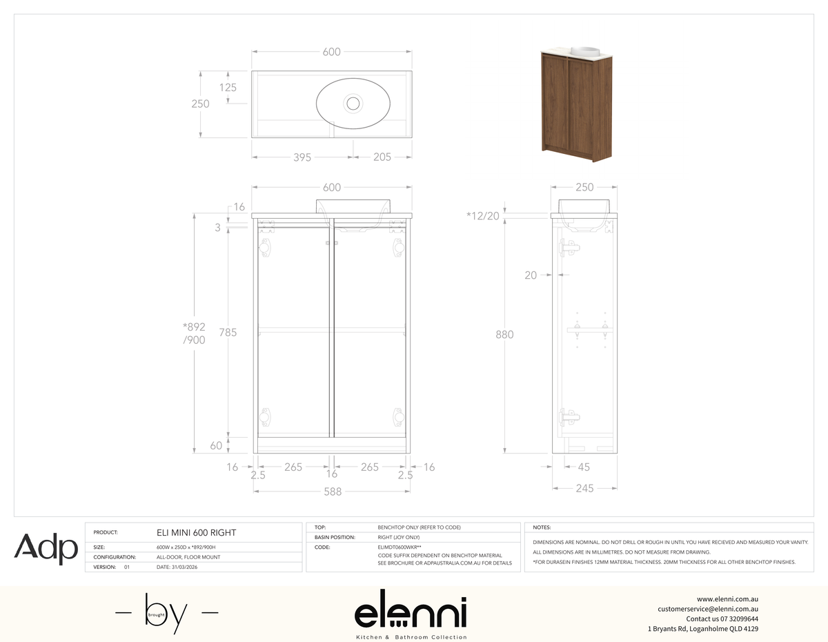 Eli Mini 600 Floor Mount Right Offset, Elenni specification drawing