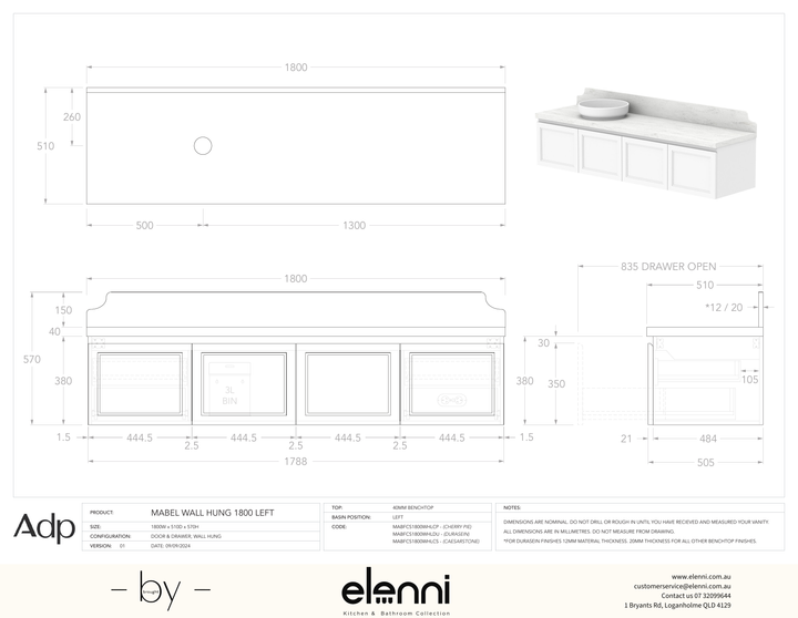 Mabel 1800 Wall Hung Left Offset, Elenni specification drawing