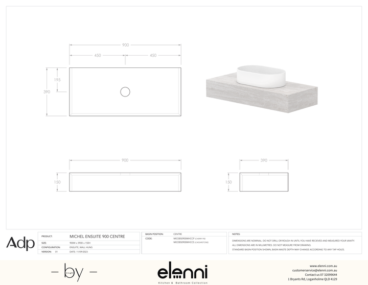Michel Ensuite 900 Centre, Elenni specification drawing