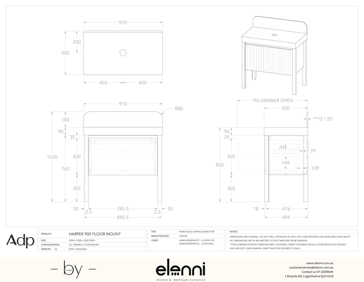 Harper 900 With Legs (Floor Mount) Centre, Elenni specification drawing