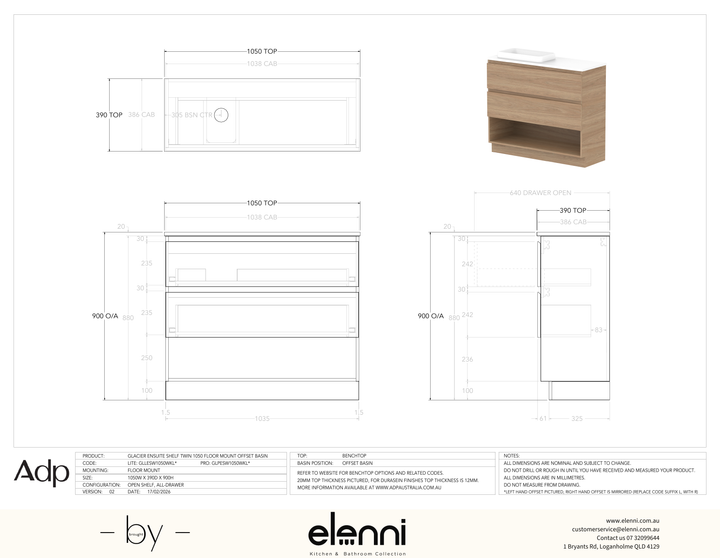 Glacier Ensuite, Shelf 1050 Trio FM, Benchtop Offset Bowl - Elenni specification drawing