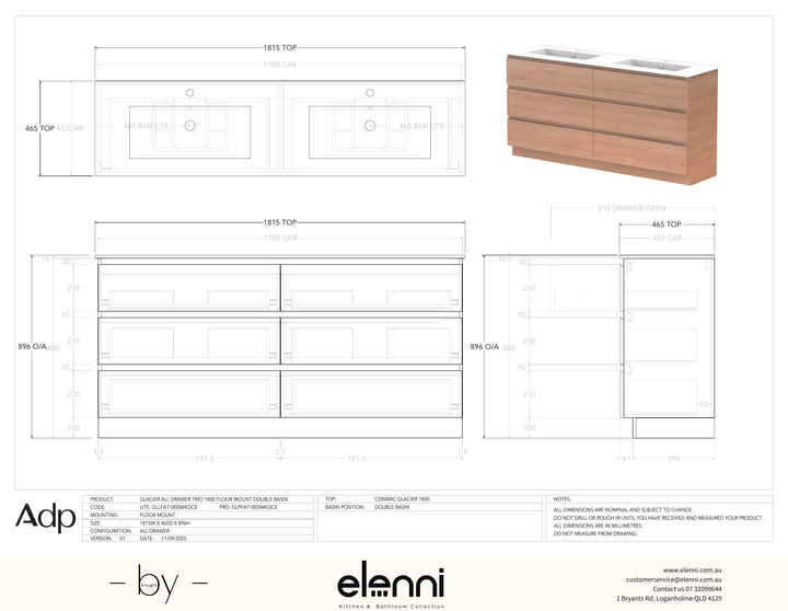 Glacier FD, All Drawer, 1800 Trio FM, Ceramic Double Bowl - Elenni specification drawing