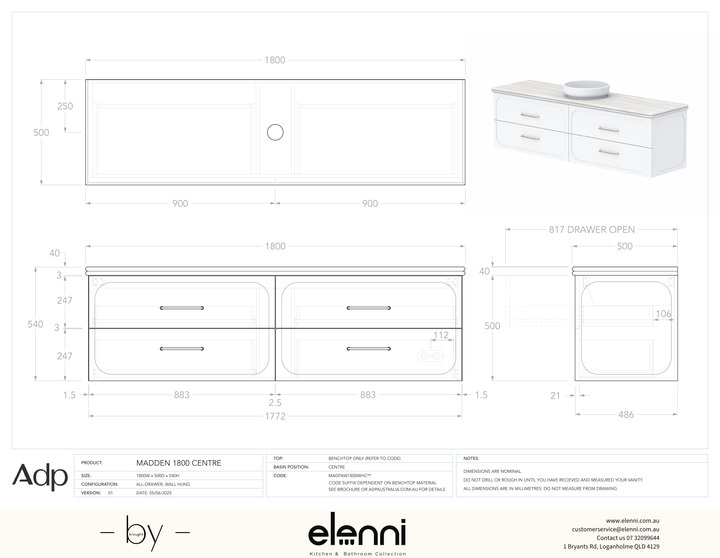Madden 1800 Centre, Elenni specification drawing