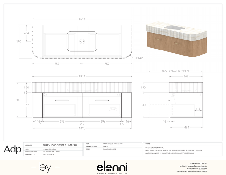 Surry 1500, Imperial, Centre Bowl, Elenni specification drawing