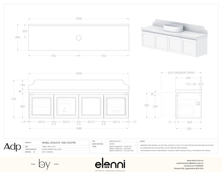 Mabel Ensuite 1500 Wall Hung Centre, Elenni specification drawing