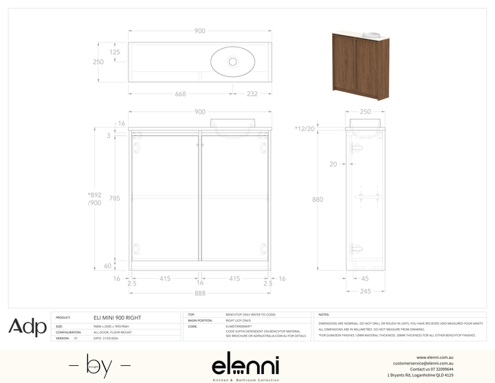 Eli Mini 900 Floor Mount Right Offset, Elenni specification drawing