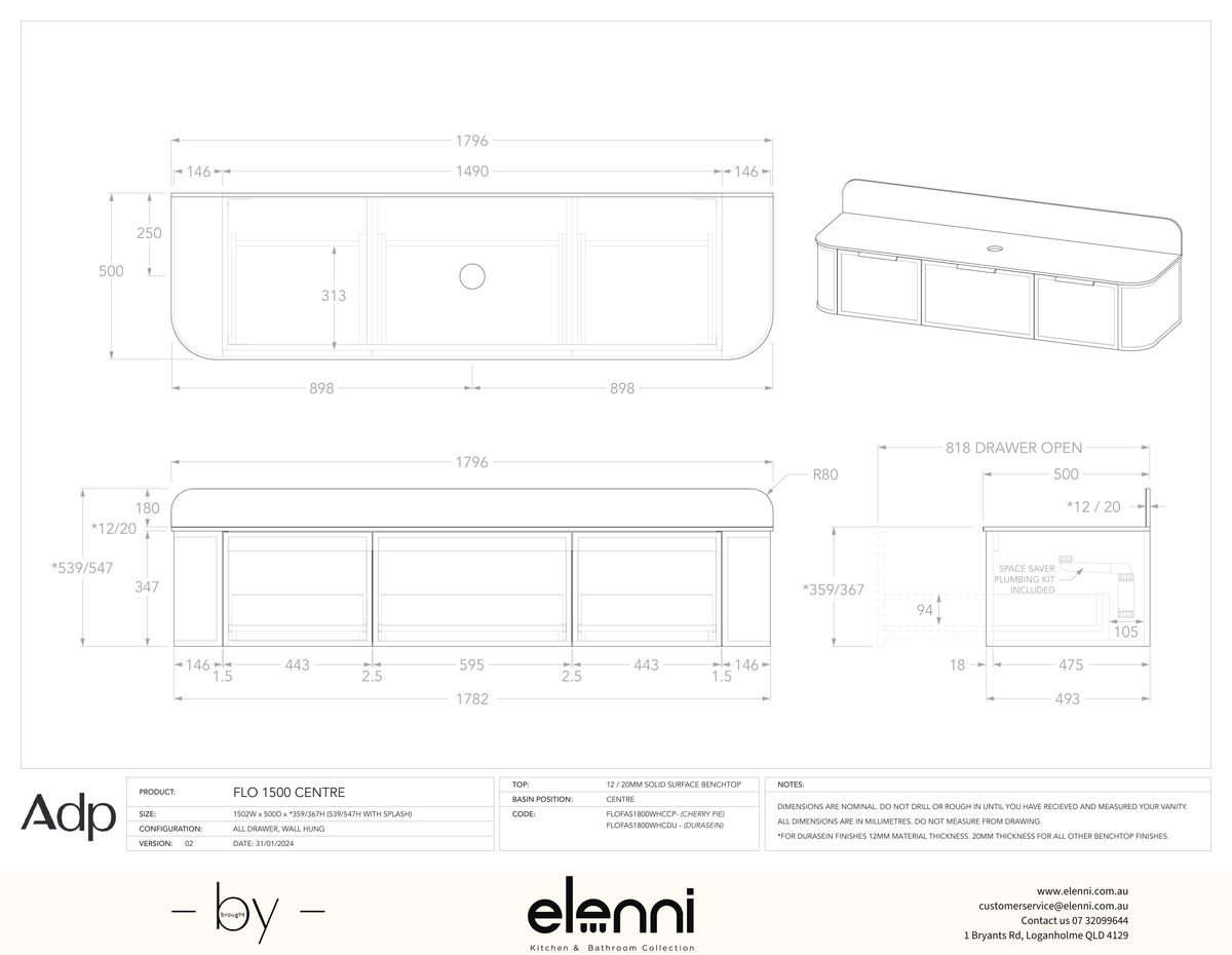 Flo 1800 Centre - Elenni specification drawing