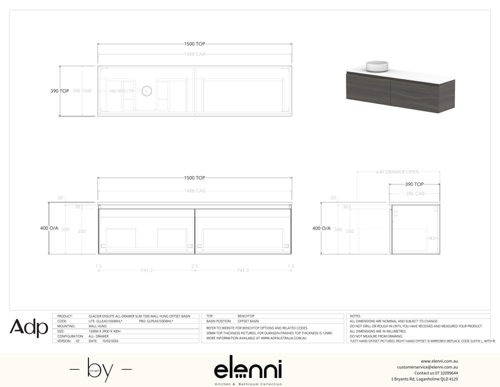Glacier Ensuite, All-Drawer 1500 Slim WH, Benchtop Offset Bowl - Elenni specification drawing