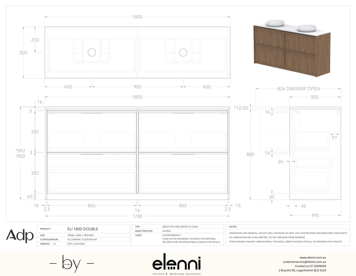 Eli 1800 Floor Mount Double, Elenni specification drawing