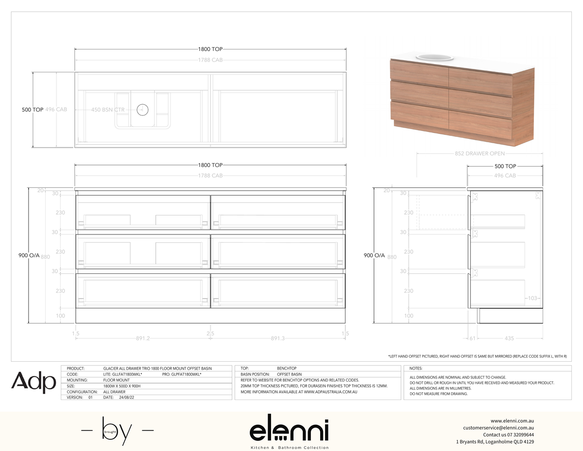 Glacier FD, All Drawer, 1800 Trio FM, Benchtop Offset Bowl - Elenni specification drawing