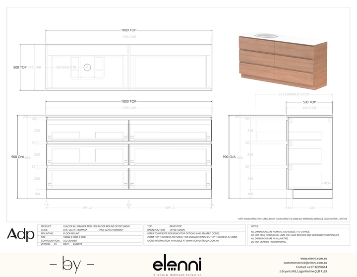Glacier FD, All Drawer, 1800 Trio FM, Benchtop Offset Bowl - Elenni specification drawing