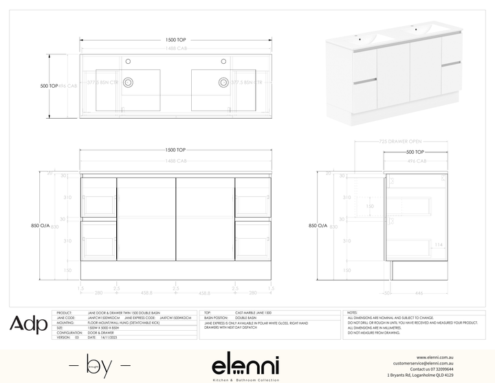 Jane 1500 Double - Elenni specification drawing