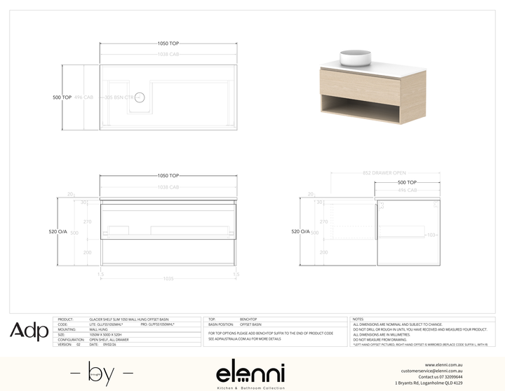 Glacier FD, Shelf, 1050 Slim WH, Benchtop Offset Bowl - Elenni specification drawing