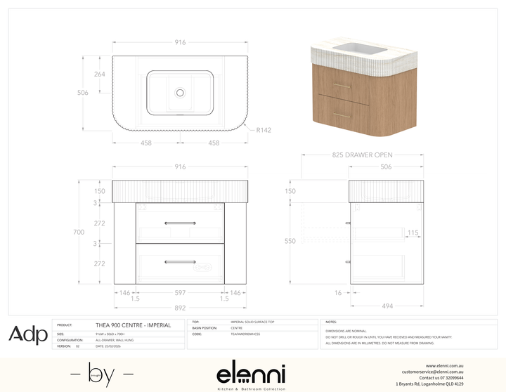 Thea 900, Imperial, Centre Bowl, Elenni specification drawing