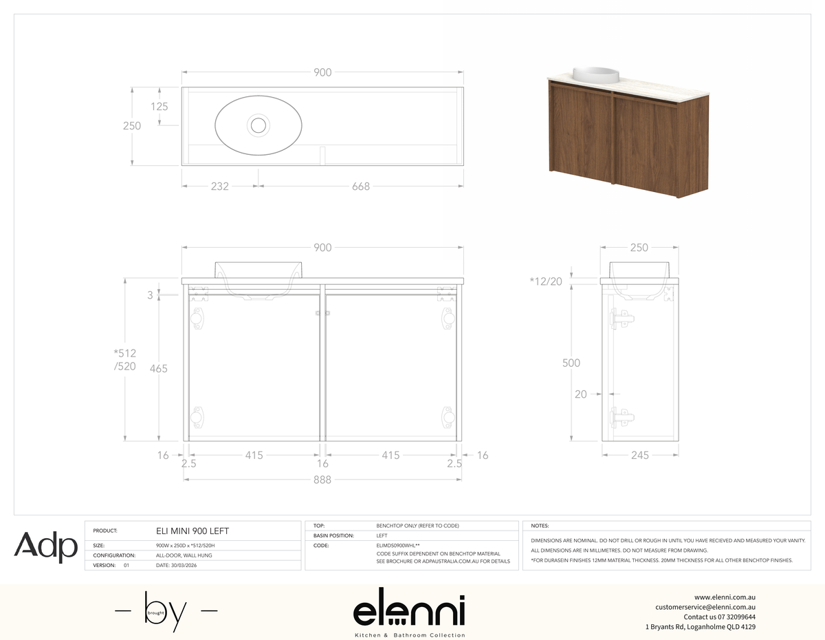 Eli Mini 900 Wall Hung Left Offset - Elenni specification drawing