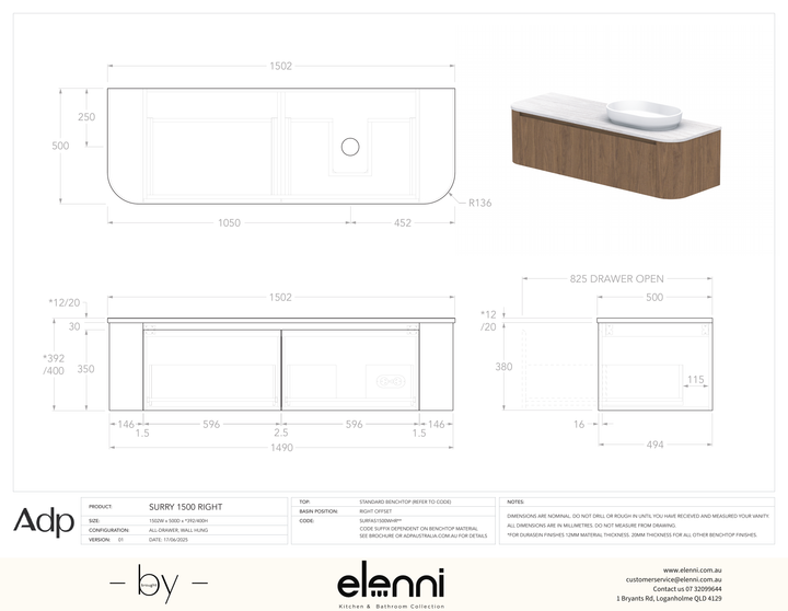 Surry 1500, Benchtop, Right Offset Bowl, Elenni specification drawing