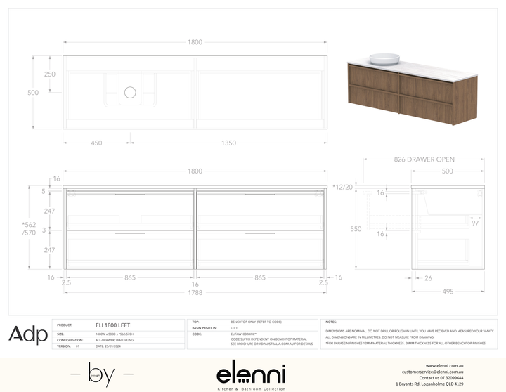 Eli 1800 Wall Hung Left Offset, Elenni specification drawing