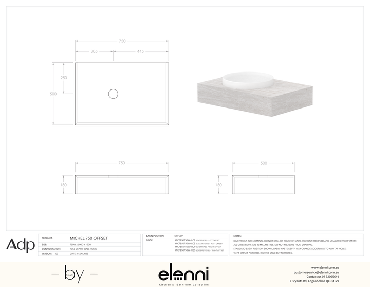 Michel 750 Offset, Elenni specification drawing