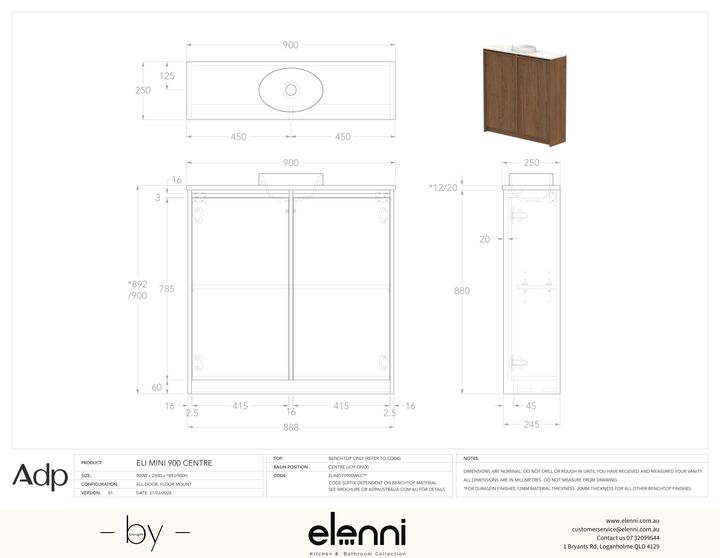 Eli Mini 900 Floor Mount Centre - Elenni specification drawing