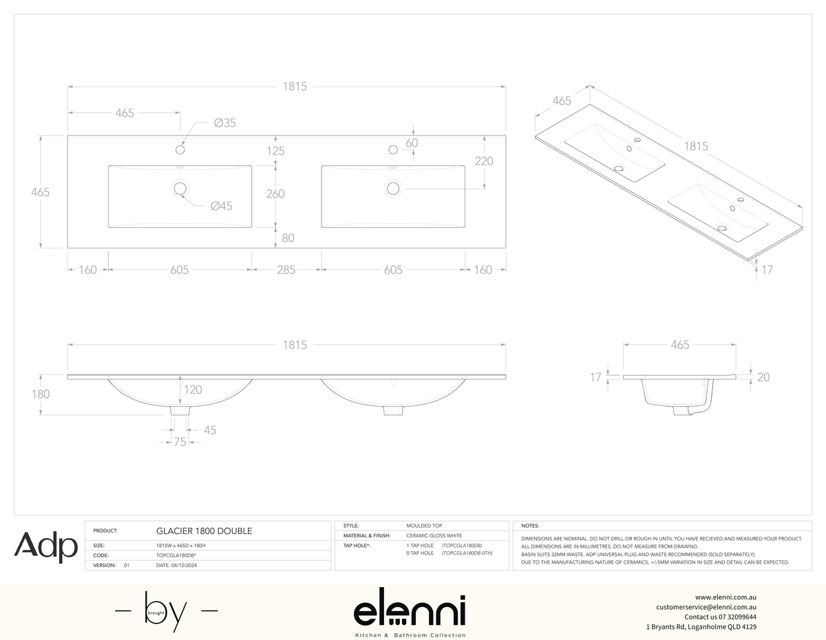Glacier Ceramic Full Depth Top, 1800 Double - Elenni specification drawing