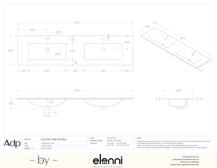 Glacier Ceramic Full Depth Top, 1800 Double - Elenni specification drawing