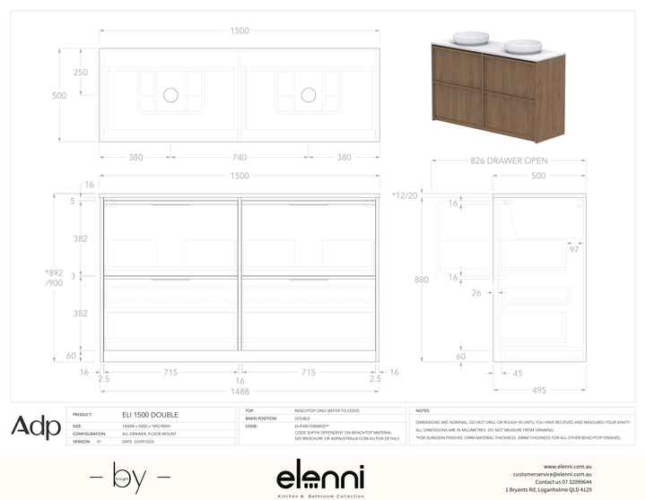 Eli 1500 Floor Mount Double, Elenni specification drawing