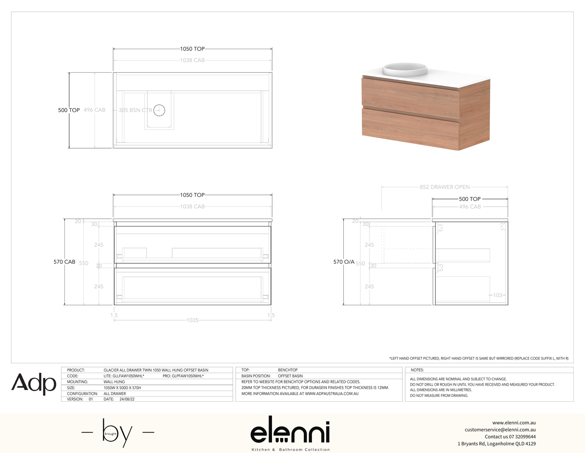 Glacier FD, All Drawer, 1050 Twin WH, Benchtop Offset Bowl - Elenni specification drawing