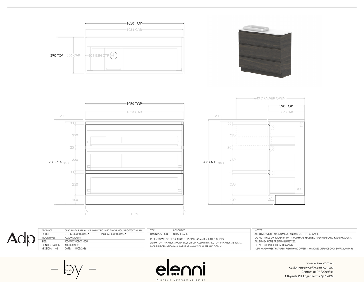 Glacier Ensuite, All-Drawer 1050 Trio FM, Benchtop Offset Bowl - Elenni specification drawing
