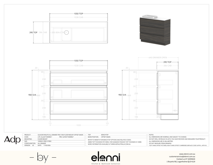 Glacier Ensuite, All-Drawer 1050 Trio FM, Benchtop Offset Bowl - Elenni specification drawing